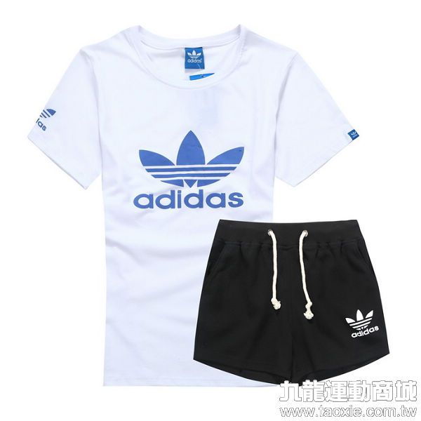  Adidas三葉草T恤 2014新品上市 藍色三葉草印花短袖休閒套裝