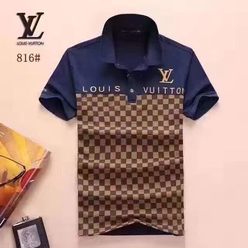 lv衣服 2018新款 经典格子翻领男生商务短袖 870款深蓝